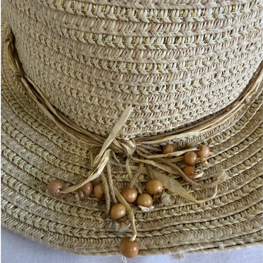 Vintage Tommy Bahama Womens Floppy Straw Sun Hat Gold Metallic Beads Tan Rare‎